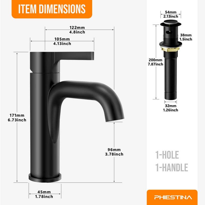 Robinet de lavabo de salle de bain 1 trou, robinet de meuble-lavabo monotrou noir à poignée simple, avec drain escamotable en métal et conduites d'alimentation en eau