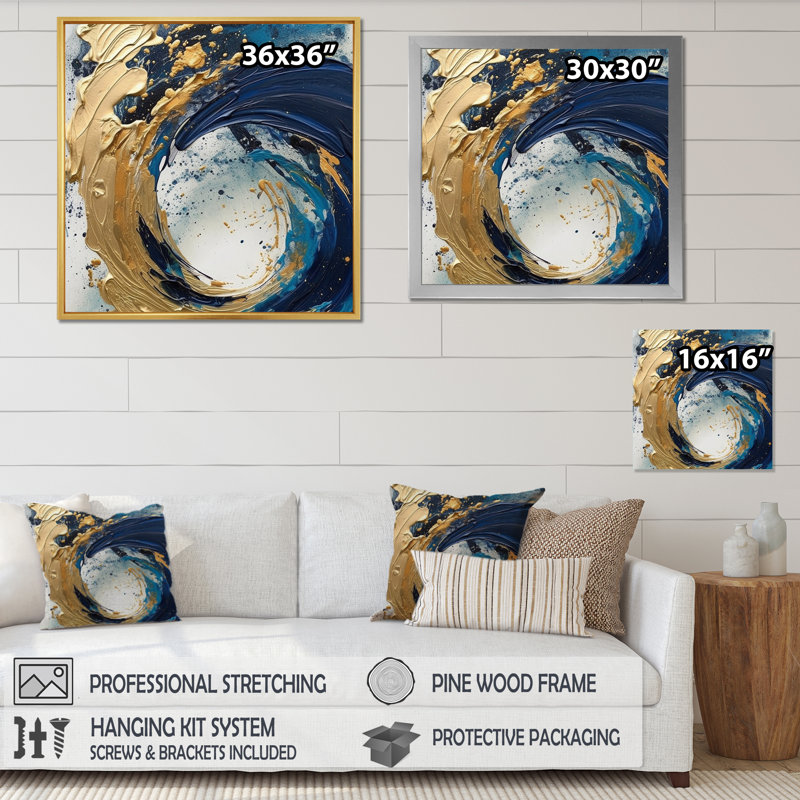 Art mural abstrait bleu foncé et or VI - VI, Cadre flottant noir, H 16 po x l 16 po x P 1 po