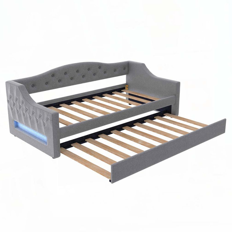 Upholstered Daybed with LED Belt and Trundle, Gray