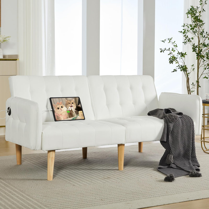 Canapé-lit futon convertible pliable en similicuir de 65 po avec 2 ports USB, causeuse pour petit espace, appartement, dortoir, salon, bureau