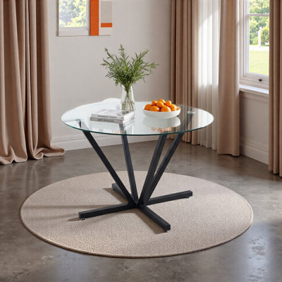 Table de salle à manger ronde de 45,27 po, table de salle à manger en verre trempé avec pieds en métal, table de salle à manger moderne pour la cuisine, le salon et l'assemblage facile