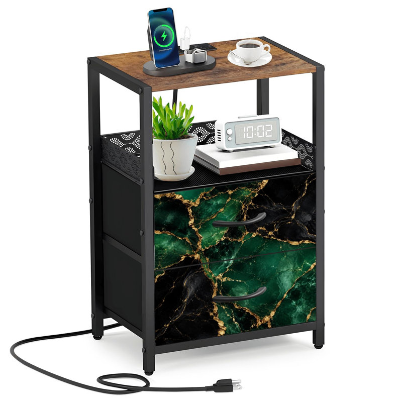 Table de chevet 2 tiroirs en tissu avec station de charge Table de chevet de chambre à coucher avec tablettes ouvertes USB et prises USB
