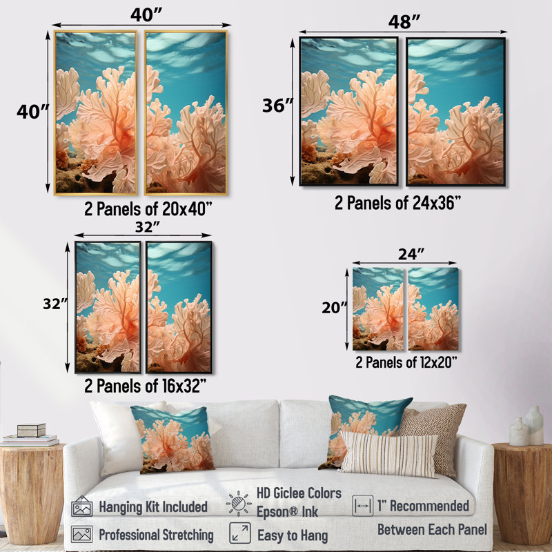 «Peach Coral Expression» - art mural grand corail sous l'eau, 36" H x 48" W, Framed Print without Mat, Black