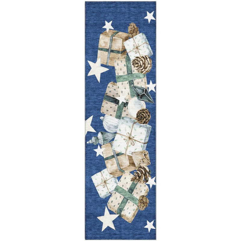 Premium Machine Washable Castillon AMF1825 Stars and Presents Holiday Rug, Runner 2'3" x 7'6"
