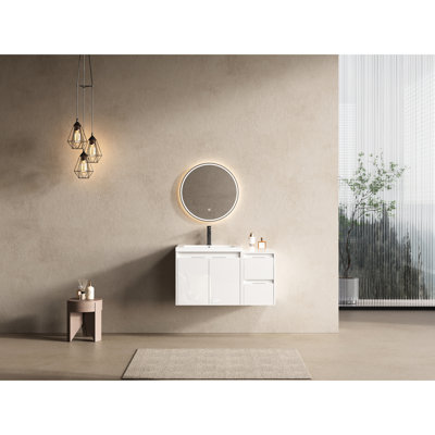 Meuble-lavabo de 36 po avec lavabo en résine, 2 portes à fermeture douce, 1 armoire latérale, montage à flotteur, installation murale silencieuse avec petit aspect brillant