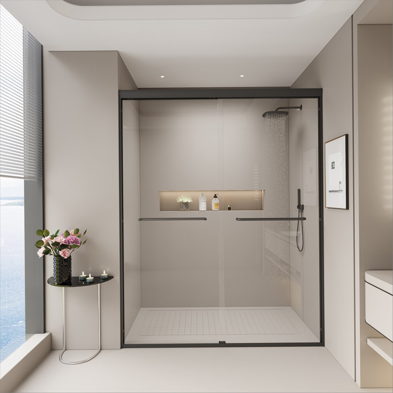 Porte de douche semi-sans cadre, porte coulissante en verre trempé pour la salle de bain, Noir mat