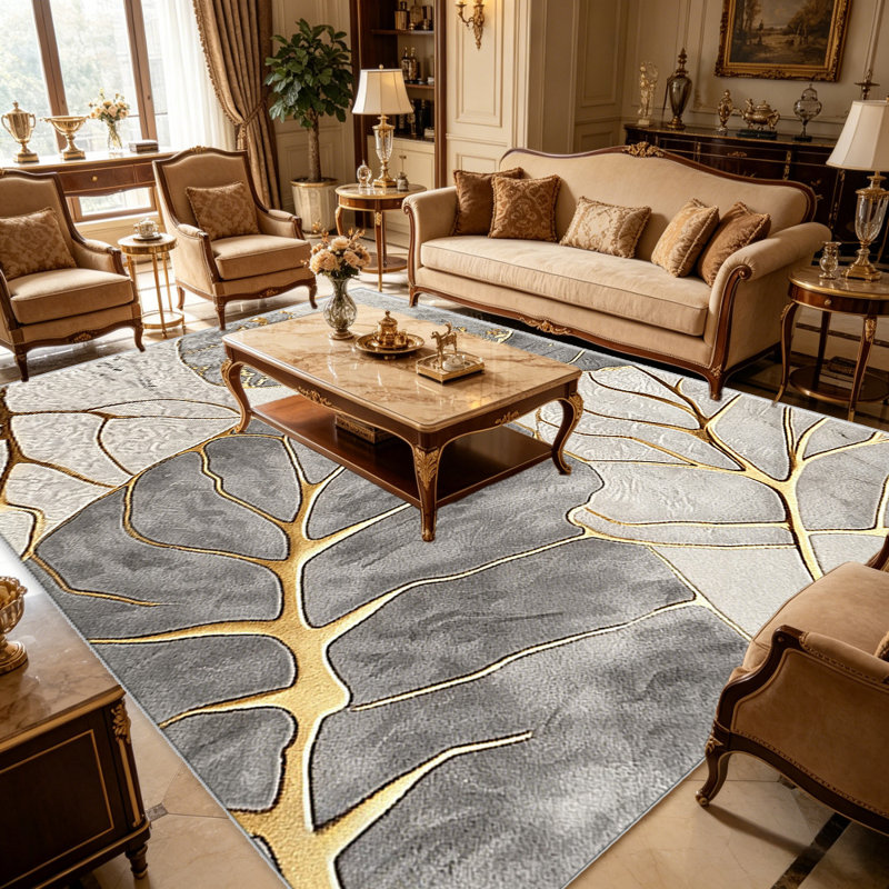 Grey Gold Leaf carpet-easy to clean, machine-washable, soft and comfortable; suitable for door mats, kitchens, living rooms, bedrooms, corridors, and laundry areas. Easy to clean, durable carpet for home decoration.