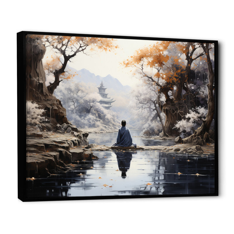 «Gray Buddhism Enlightened Path II», reproduction d'art sur toile, Cadre flottant noir, H 30 po x l 40 po x P 1,5 po
