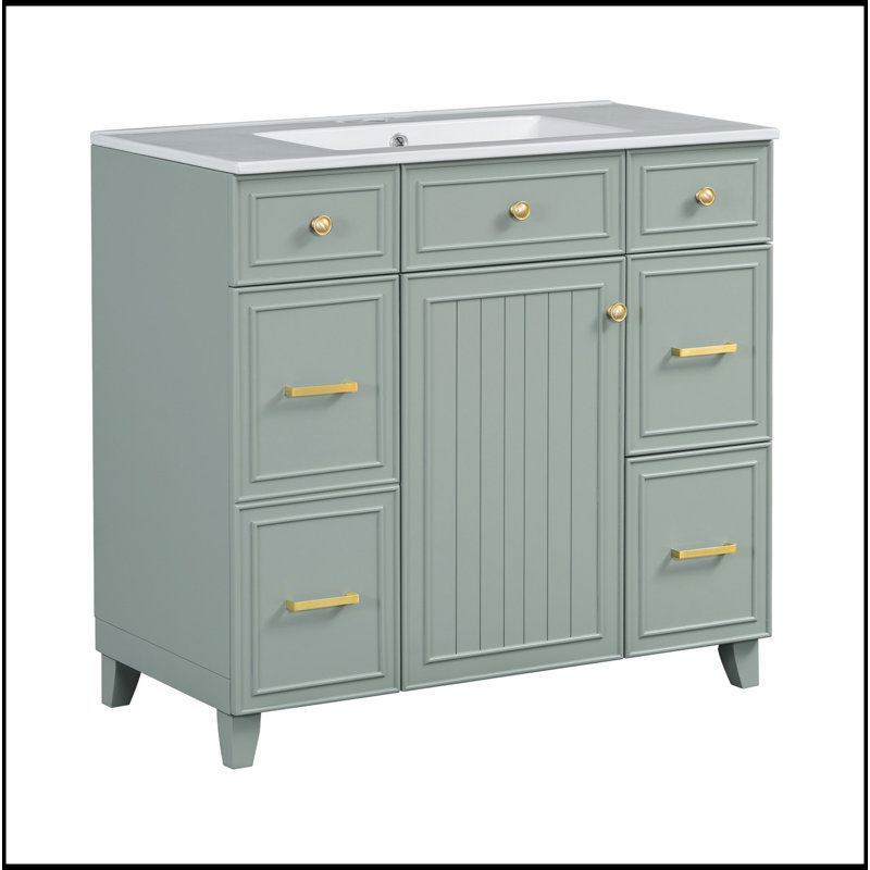 36" Bathroom Vanity With Solid Pine Frame, 1 Soft Close Door And 3 Drawers , Modern Storage Cabinet, Green/Gold