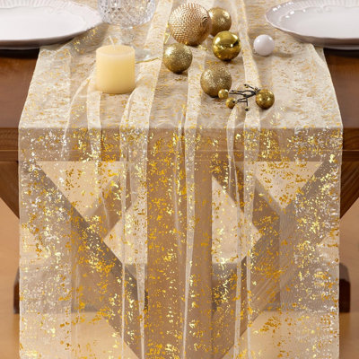 Christmas Snow Table Runner Gold Gauze Sheer Chiffon Cheesecloth Sequin 10FT Glitter Metallic Foil Dining Wedding Birthday Party Fall Winter Anniversary Holiday Centerpiece Table Decor Beige