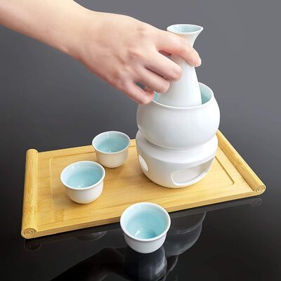 Ceramic Sake Set With Warmer Pot Bamboo Tray, Stovetop Porcelain Hot Saki Cup Set With Travel Gift Box, Set Of 10, White -  Battle Cow, 0UC49M092LPQGWV -01