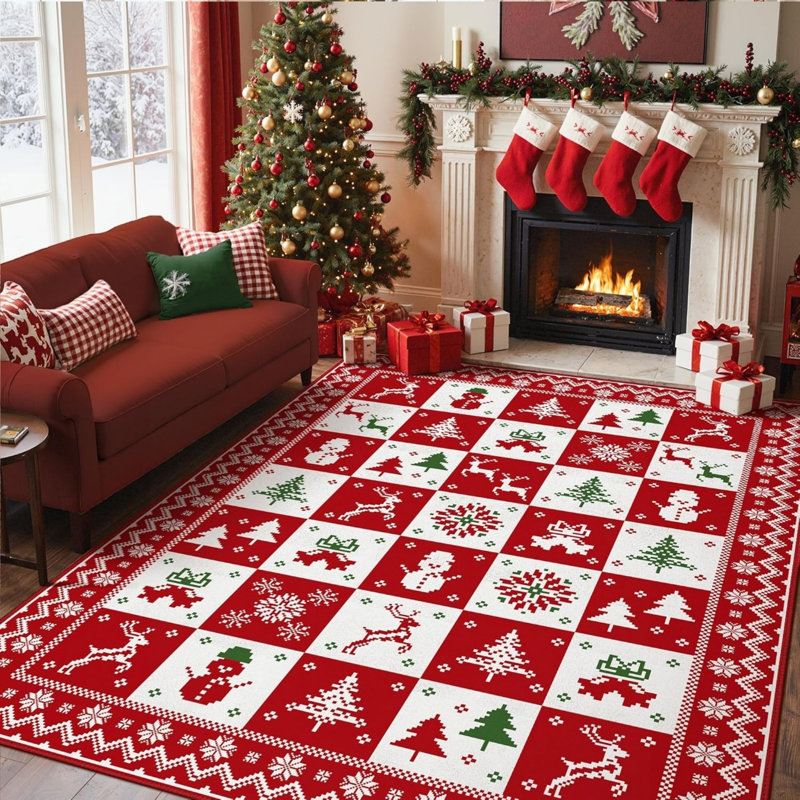 Christmas Checkered Rug 5 X 7 Ft for Holiday Decor, Red Green