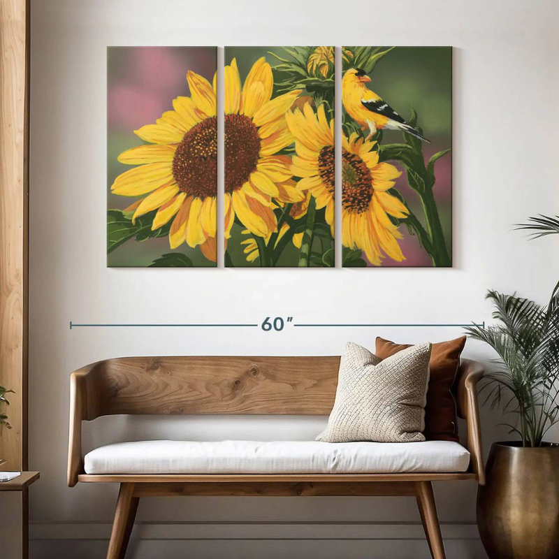 Harnek chardonneret et tournesols, H 32 po x l 50 po