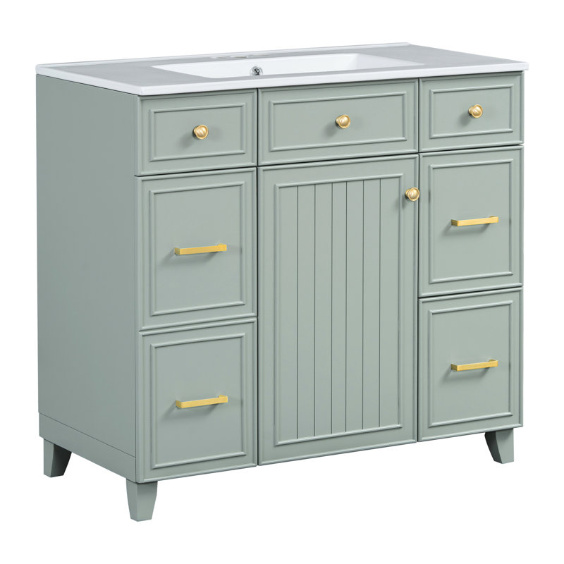 Armoire de salle de bain, structure en bois massif, lavabo en céramique, 3 tiroirs, fermeture en douceur, tablette réglable, meuble-lavabo avec
