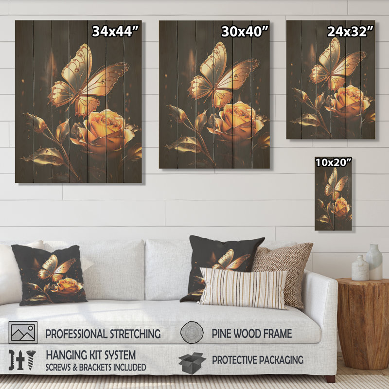 Papillons dorés et noirs Essence Blooms II - Animal papillon sur bois, H 20 po x l 10 po