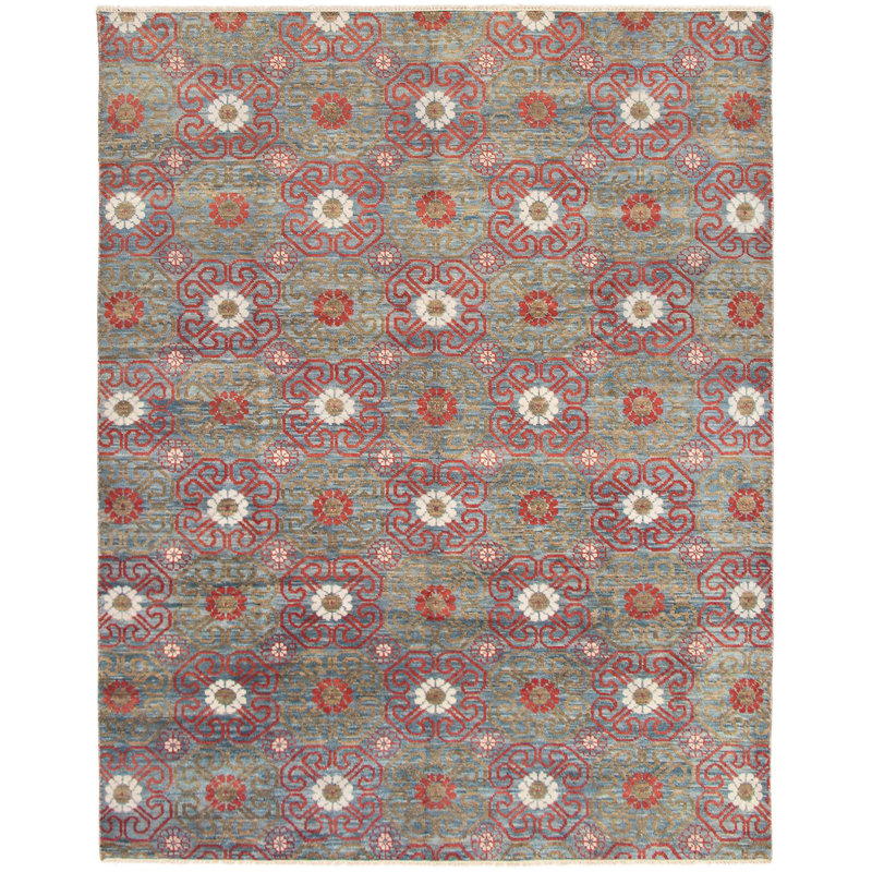 Tapis unique en laine noué à la main nouvel âge de 8 pi x 10 pi rouge foncé / turquoise / crème Antoni