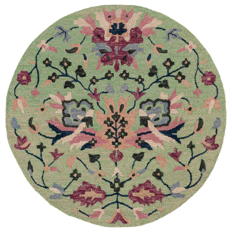Laine touffetée à la main Jardin; Tapis d'intérieur floral en coton, Rond 5 pi