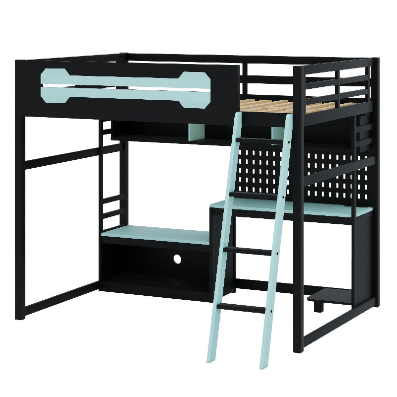 Lit mezzanine en bois avec bureau, Noir / Bleu