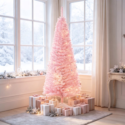 Sapin de Noël artificiel de 1,5 m, rose et fin, avec extrémités de branches réalistes et socle en plastique pour la décoration intérieure des fêtes.