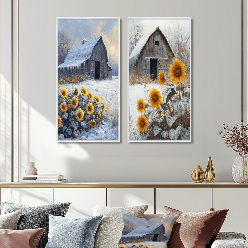 Tournesols d'hiver près de la grange couverte I - Collection d'art mural floral 2 panneaux, 32" H x 33" W