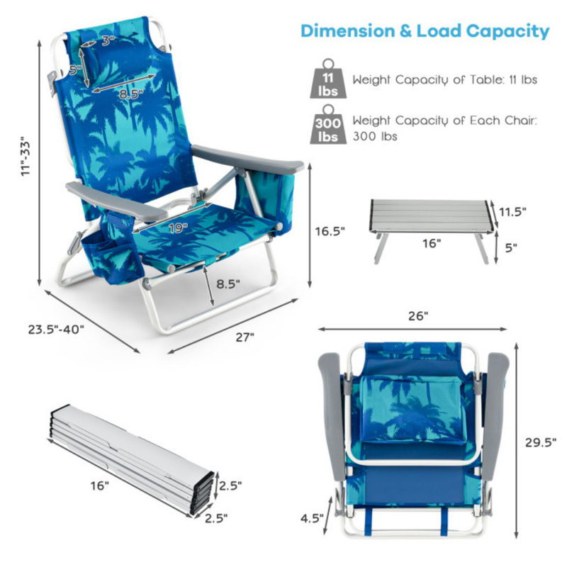 2 Packs 5-Position Outdoor Folding Backpack Beach Table Chair Reclining Chair Set