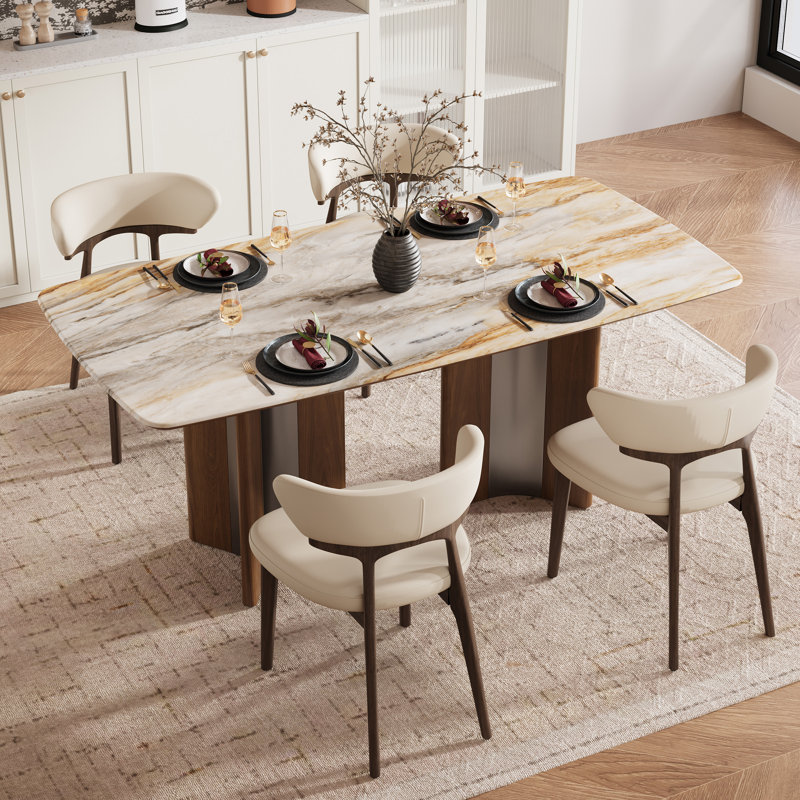 Ensemble de table de salle à manger 5 pièces rectangulaire pour 4 personnes, table de salle à manger en pierre frittée 63 "avec 4 chaises en similicuir moderne