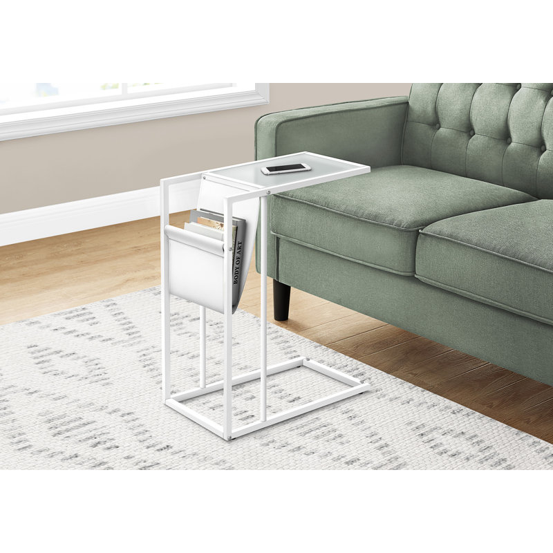 Table d'appoint en forme de C, bout, côté, collation, rangement pour magazines, aspect cuir blanc, métal blanc