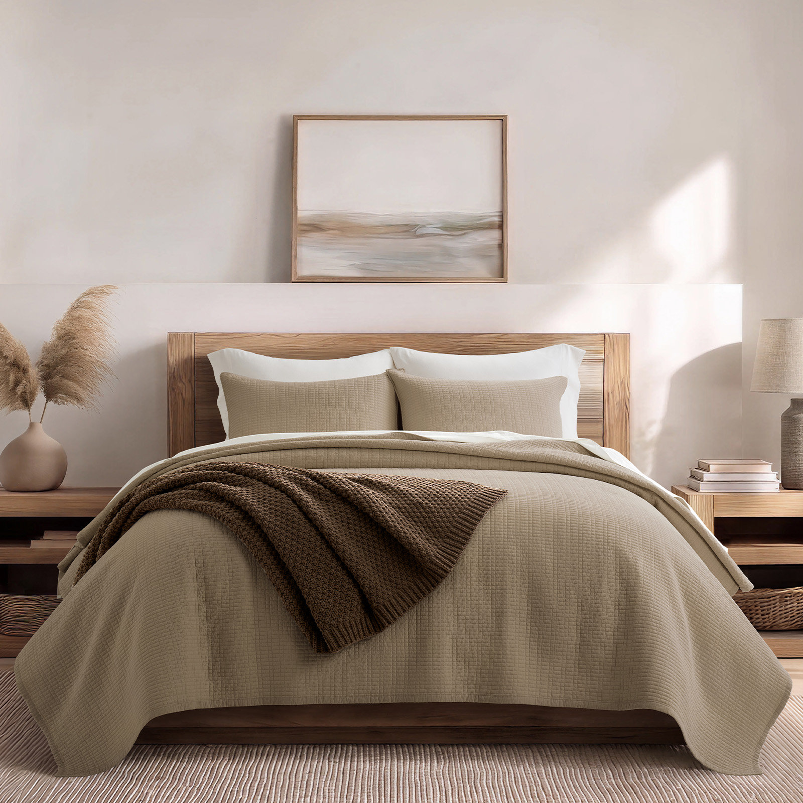Cotton Quilt Set, Queen Quilt + 2 Shams, Stone Taupe