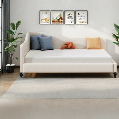 Lits doubles polyvalents en forme de L, lin beige et bois massif