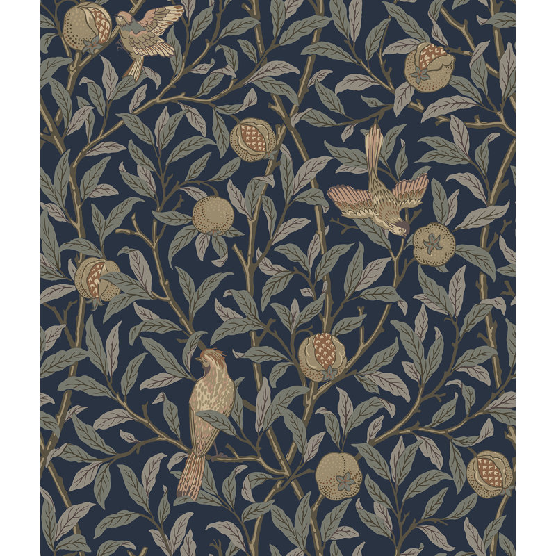 Papier peint adhésif oiseaux et grenades indigo, Bleu très foncé