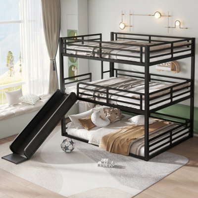 Bunk Bed With Slide, Metal Triple Bunk Bed With Safety Guardrails, Heavy-Duty Bunk Bed With Noise-Reduced Design