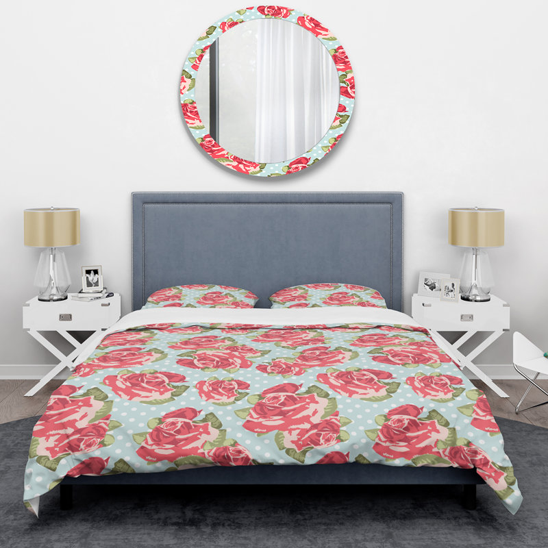 Roses rouges et feuille verte - ensemble de housse de couette à motif floral - microfibre de polyester