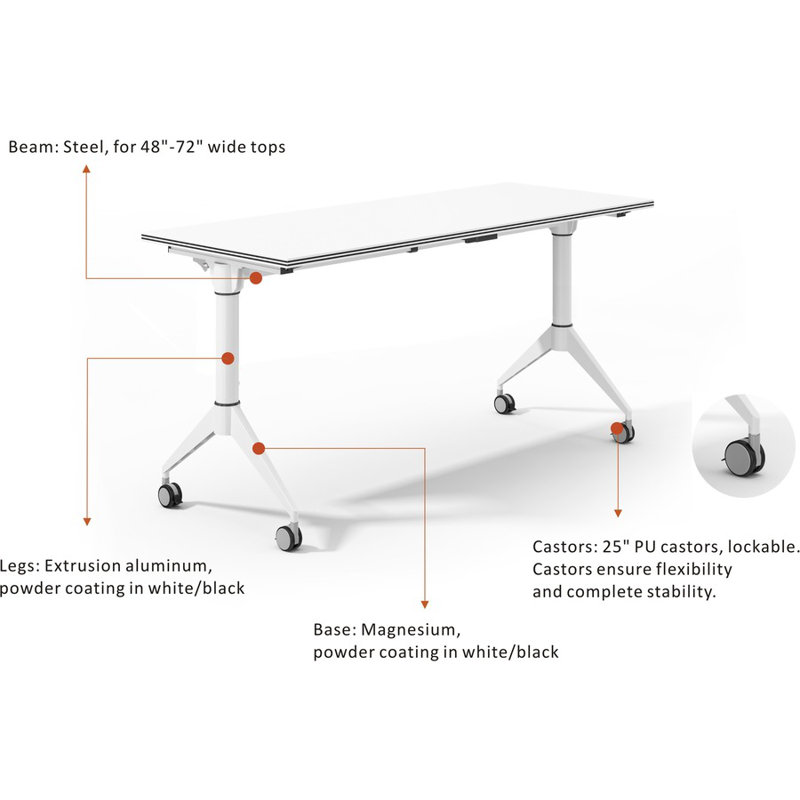 White Adjustable Folding Training Table Base with Casters