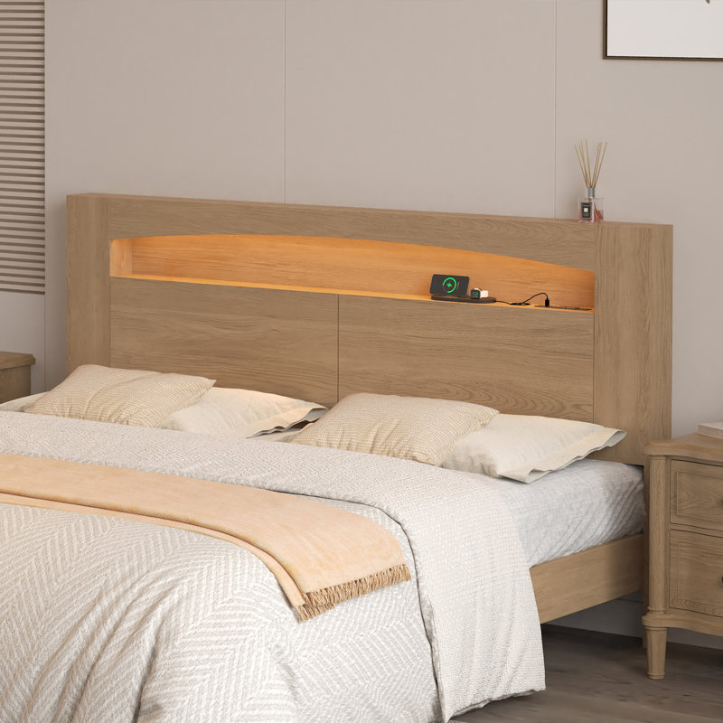 Queen Size Wooden Storage Headboard - RGB LED Lights with Remote Control, Charging Station, Open Shelves & Hidden Storage, Modern Bedroom Ambiance (Oak)
