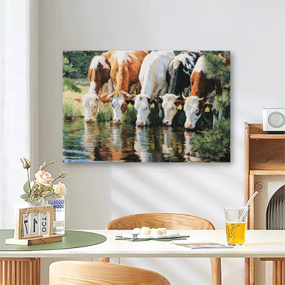 Herd Of Cows Drinking Water By Pond Landscape Oil Painting, Large Gallery Wrapped Canvas Wall Art Print For Living Room Bedroom