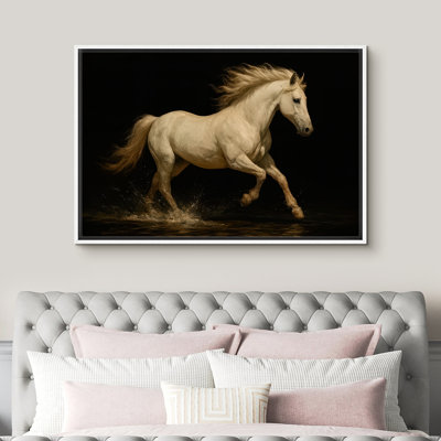 White Horse Running Through Water on Dark Background - Pictures Framed Canvas Print Wall Art
