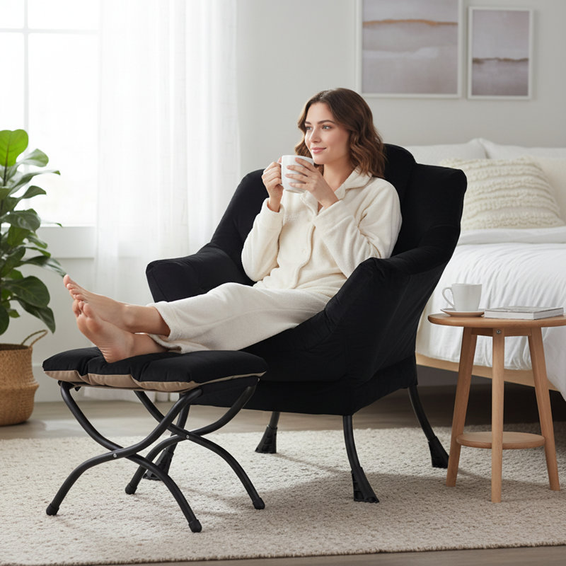 Abramson Lazy Chair, Modern Lounge Accent Chair with Armrests and a Side Pocket, Black Velvet, No
