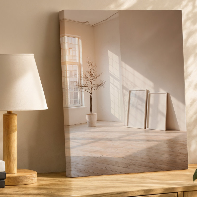 Toile une scène intérieure minimaliste avec une spacieuse pièce ensoleillée avec art mural, plancher en bois clair et murs beige doux, art mural sur toile élancé