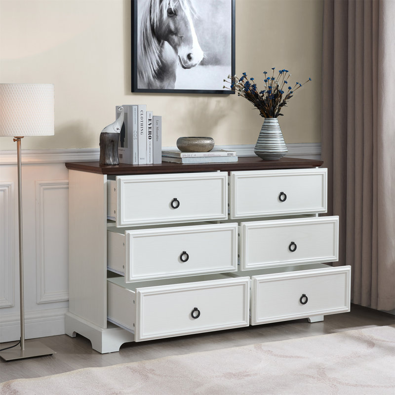 Modern Farmhouse 6-Drawer Chest Of Drawers For Bedroom, White/Walnut