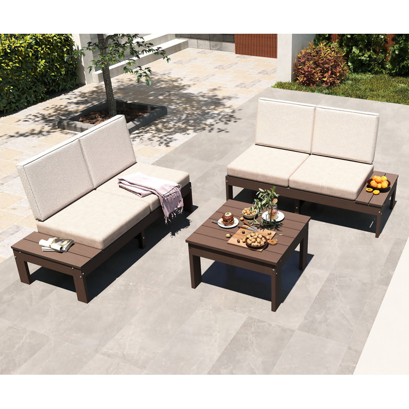 Ensemble de conversation modulaire 3 pièces 4 personnes avec canapé et canapé modulaire en PEHD pour l'extérieur, Brown
