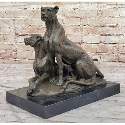 Schwager Impressionist Bronze Art Sculpture Of A Pair Of Female Lions Lionesses On Marble Base