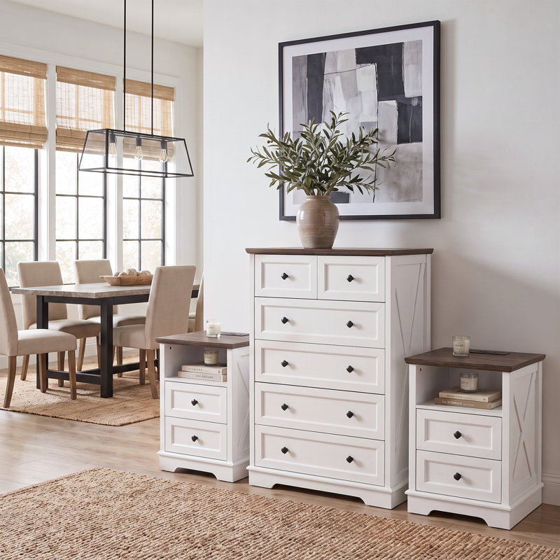 Ensemble de chambre à coucher 3 pièces : commode 6 tiroirs et 2 tables de chevet 2 tiroirs., Blanc / Brun