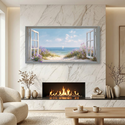 Open Window Beach Canvas Wall Art, Large Coastal Picture Landscape Canvas Prints Tropical Sea Paintings, Horizontal Seascape Artwork for Living Room Bedroom