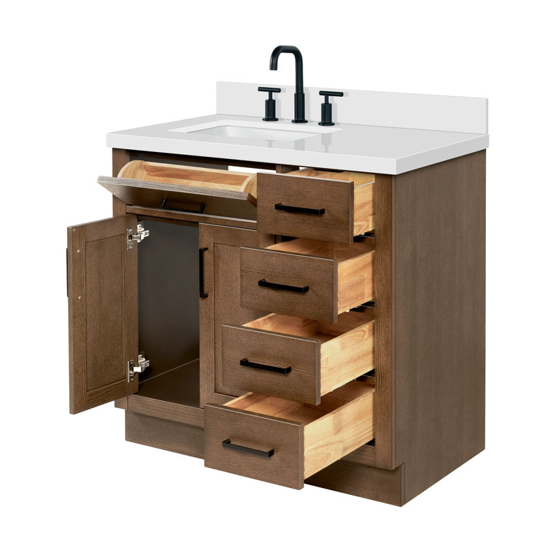 Meuble-lavabo simple en bois massif 36 po Tidworth avec plateau en quartz 1,5 po, Forme rectangulaire, Gauche, Chêne brun