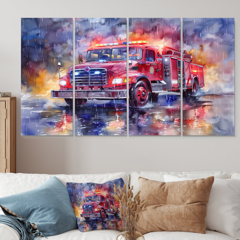 Camion de pompier rouge sous la pluie New York - ensemble de décoration murale pompier, H 28 po x l 48 po