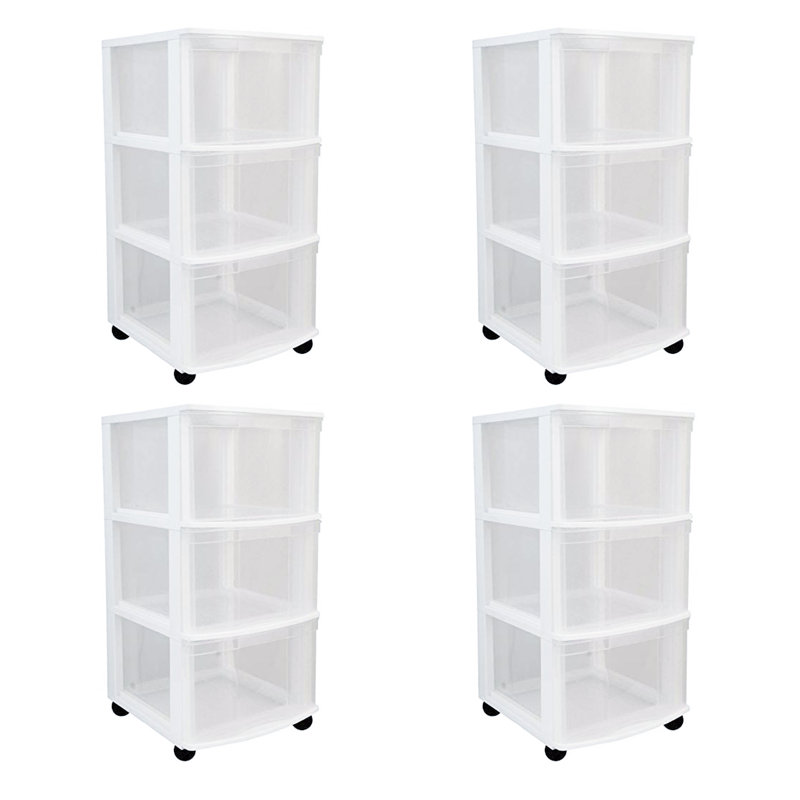 Système de coffre de rangement transparent à 3 tiroirs avec roulettes, blanc (paquet de 4)
