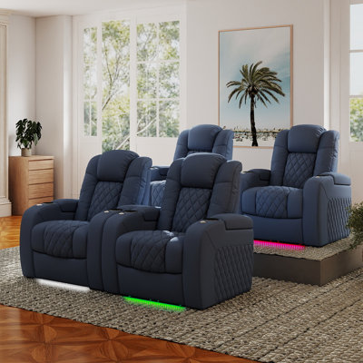 Power Theater Sofa Top Grain Leather Power Recliner Movie Chair Gaming Seat With USB Charging Tray Table Cup Holders(Set Of 4)
