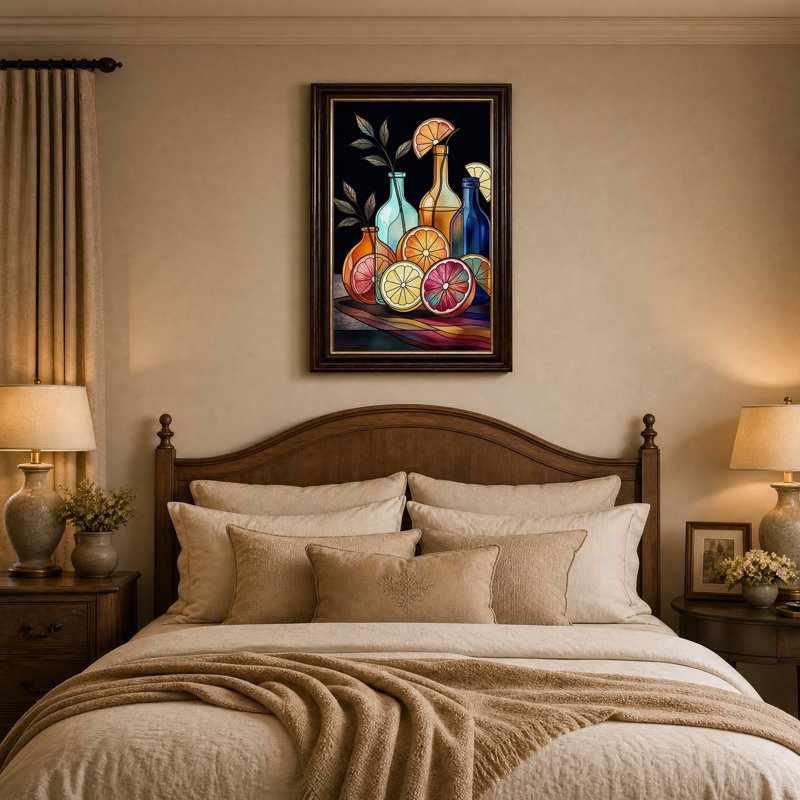 Bouteilles en verre et tranches d'agrumes sur toile à fond sombre, H 24 po x l 16 po