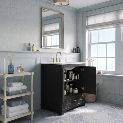 Meuble-lavabo de luxe 30 po avec lavabo en céramique, armoire de rangement en bois massif avec 2 grandes portes à fermeture douce