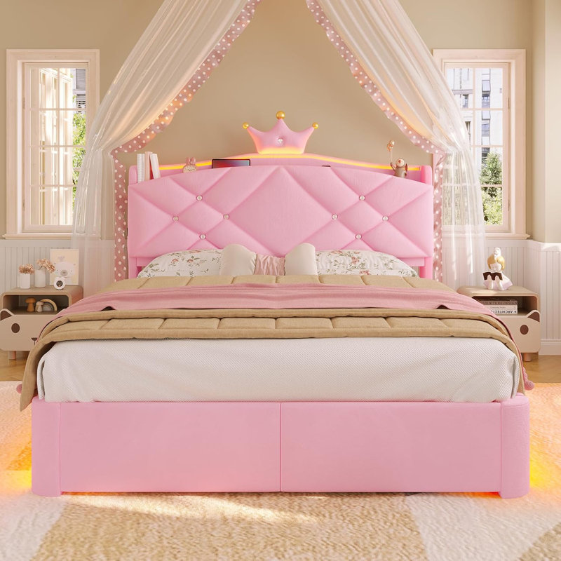 Princess Bed, Upholstered Crown Canopy Bed with Soft Padding, Pink House Bed for Kids Bedroom, Full, Pink